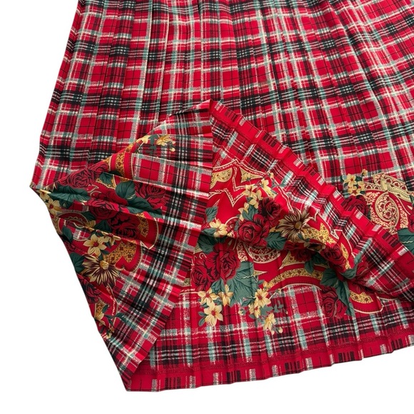 Vtg Tartan Plaid Floral Pleated A-Line Midi Skirt Size 18 Red Union Made 80s - Picture 4 of 8